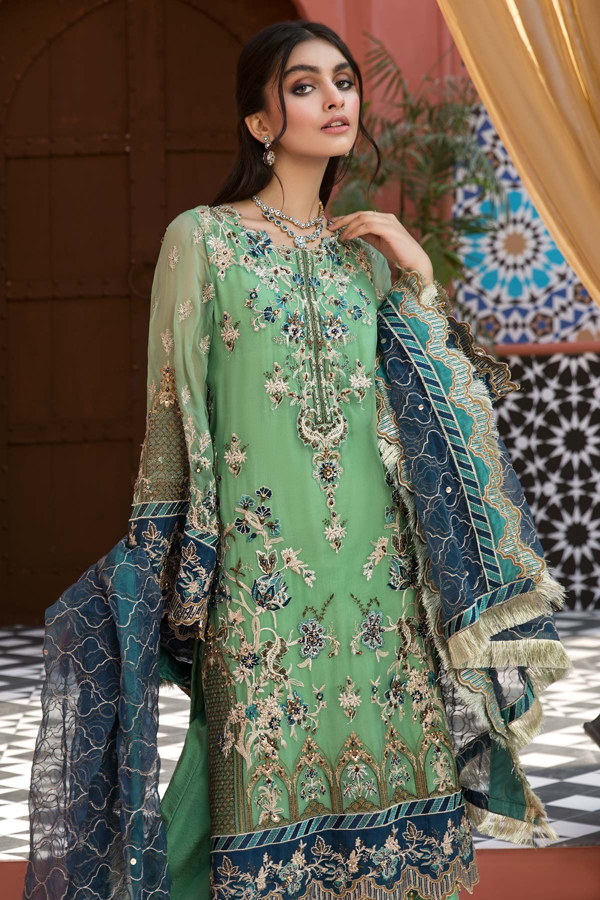 Pakistani Embroidered Short Shirt with Sharara 2021 – Nameera by Farooq