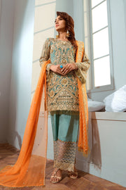 Pakistani Embroidred Chiffon Outfit in Turquoise Color