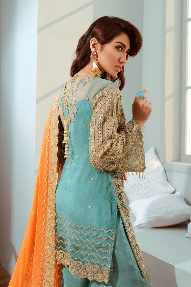 Pakistani Embroidred Chiffon Outfit in Turquoise Color Backside