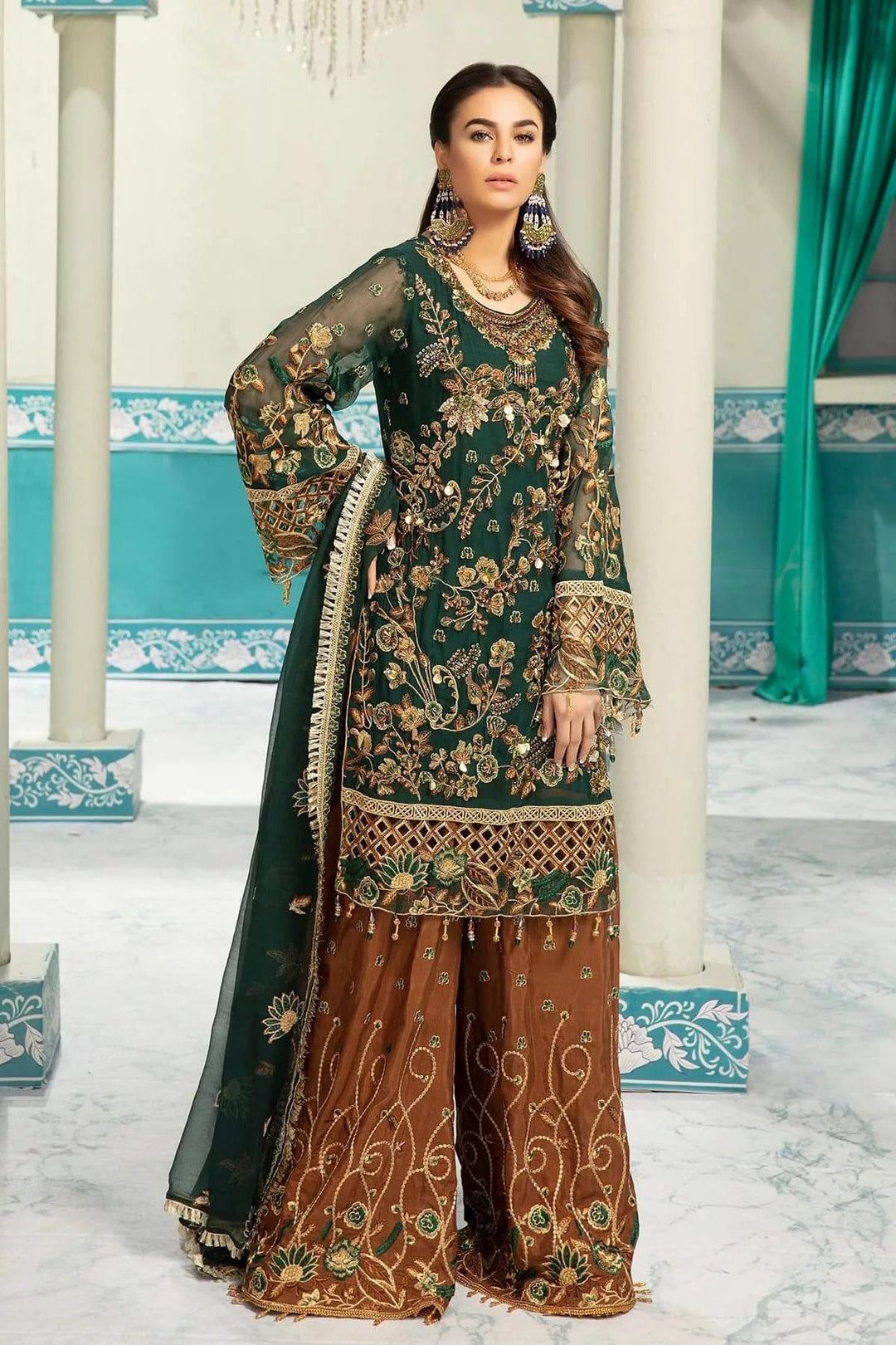 Shop Latest Pakistani Emerald Green Dress In Chiffon Nameera by Farooq