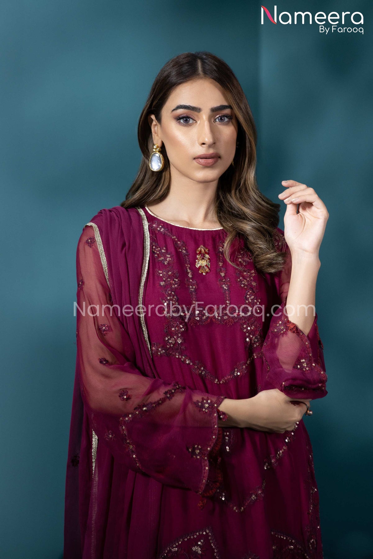 HSY Pakistani Salwar Kameez in Maroon Color Online 2021 – Nameera by Farooq