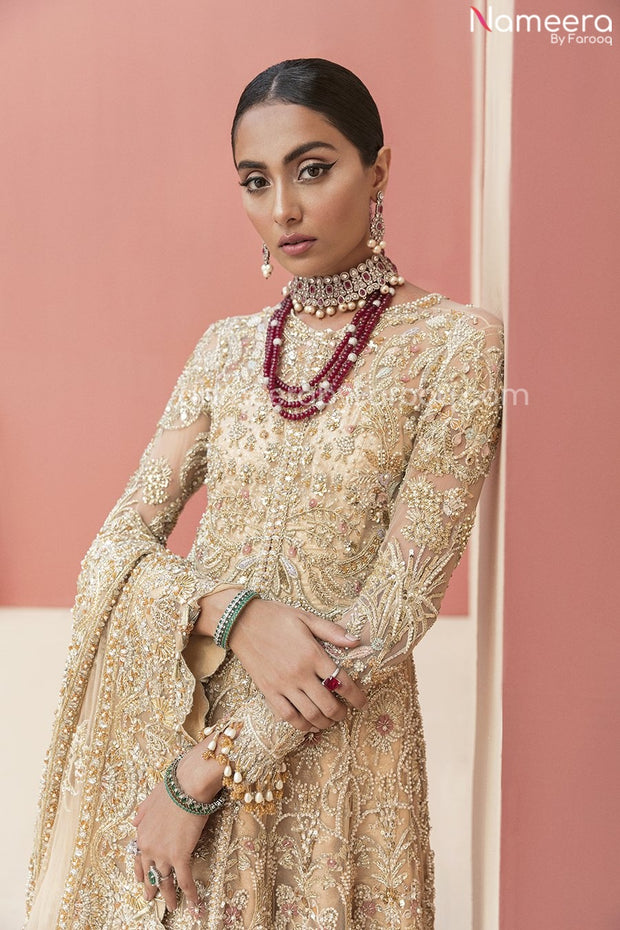 Pakistani Golden Bridal Lehenga in Long Gown 2022