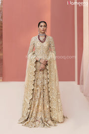 Pakistani Golden Bridal Lehenga in Long Gown 