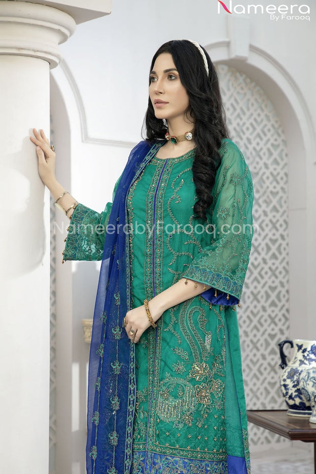 Buy Pakistani Green Chiffon Dress for Wedding Party – Nameera by Farooq