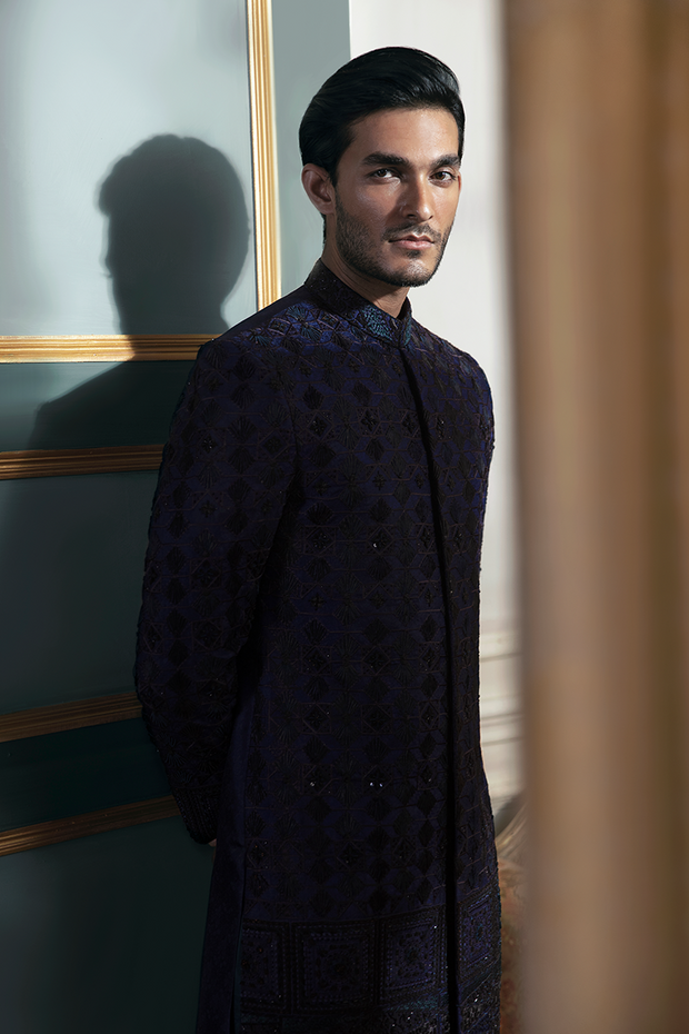 Pakistani Groom Dress in Blue Sherwani Style