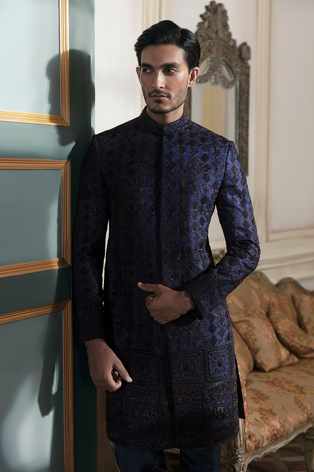 Buy Pakistani Groom Dress in Jamawar Blue Sherwani Style in