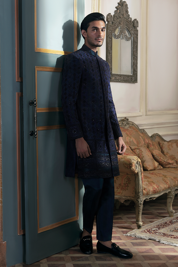 Pakistani Groom Dress in Jamawar Blue Sherwani Style