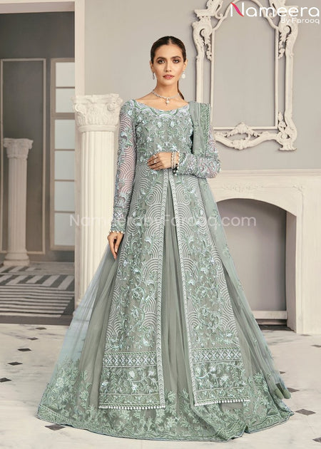 Buy Pakistani Lehenga Dress with Open Shirt Online – Nameera by Farooq