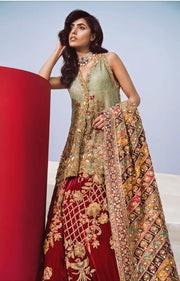 Pakistani Luxury Bridal Outfit in Red and Green Color #N7017
