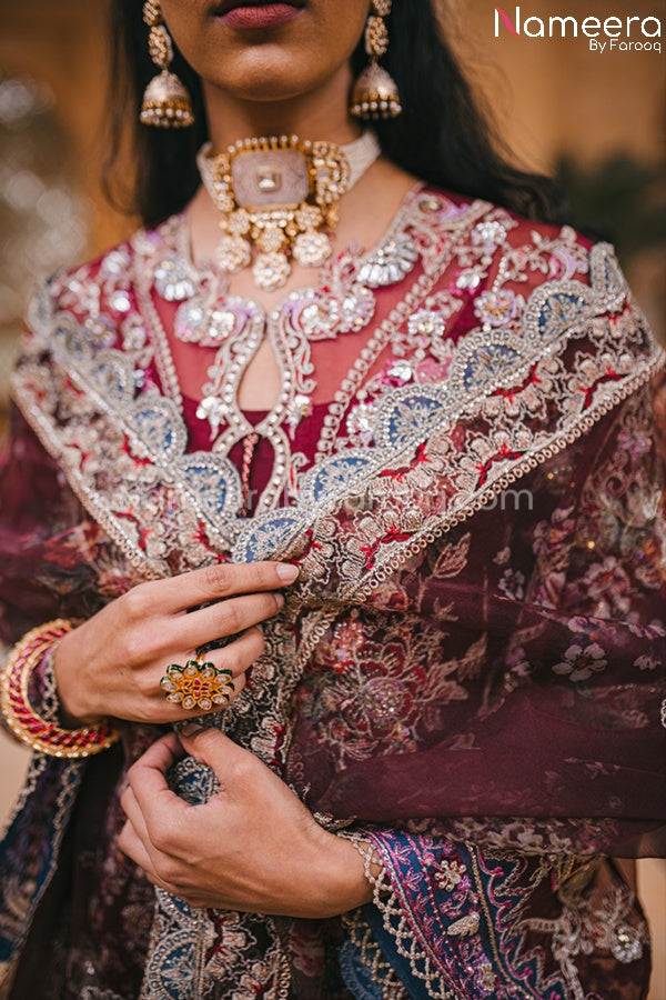 Pakistani Maroon Color Dress for Wedding Party Dupatta Look