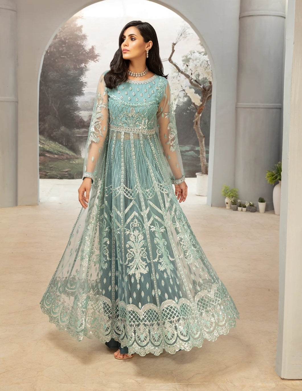 Buy Trendy Pakistani Maxi Dress In Light Turquoise – Nameera by Farooq