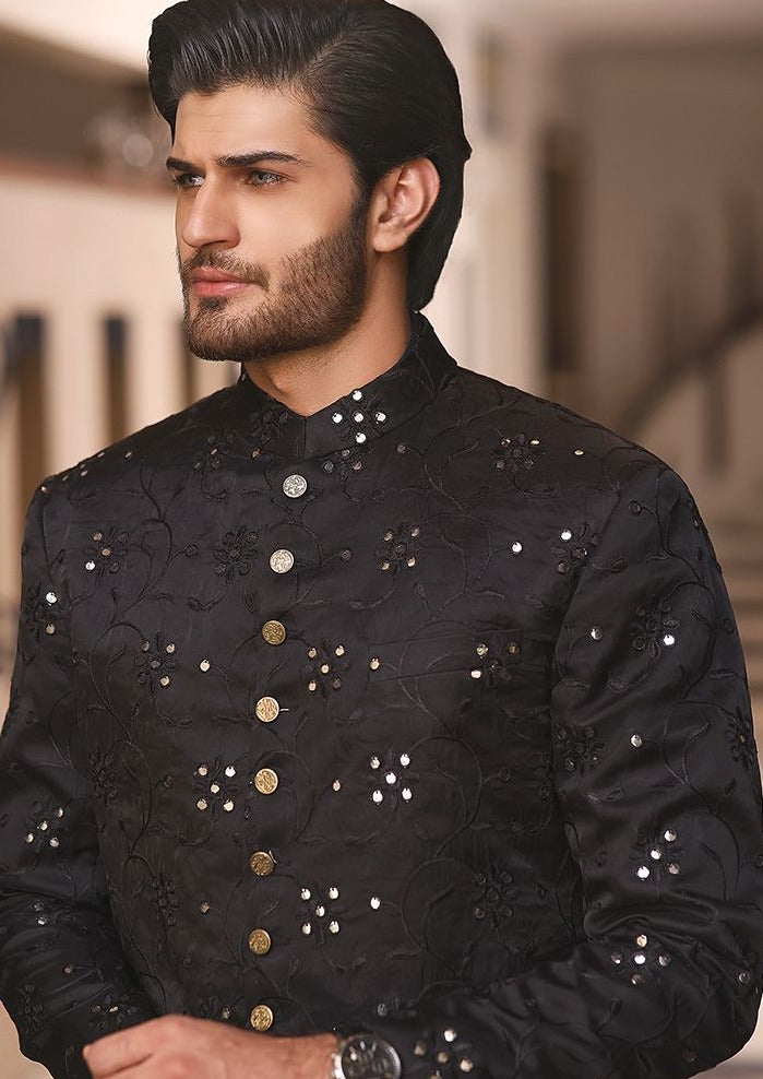 Pakistani Mens Black Sherwani Designer Dress for Wedding Nameera by Farooq