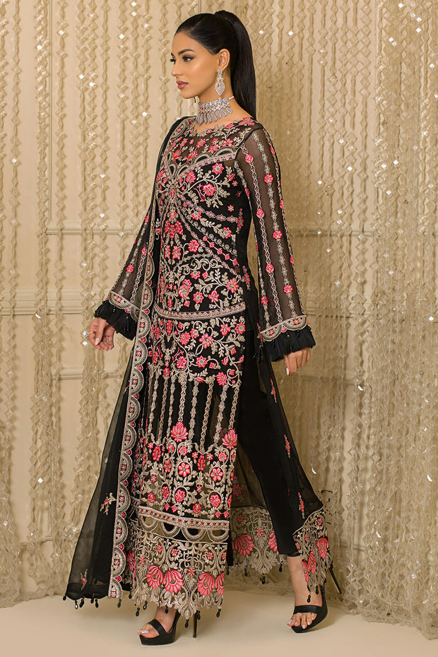 Pakistani Party Dress in Embroidered Chiffon Kameez and Raw Silk Trousers Style for Eid Online