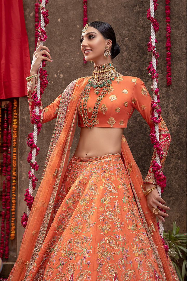 Pakistani Raw Silk Orange Lehenga Choli Dress 2022