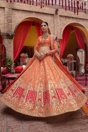 Pakistani Raw Silk Orange Lehenga Choli Dress 