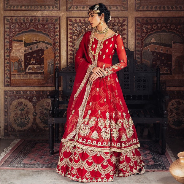 Pakistani Red Bridal Lehenga with Frock Dress