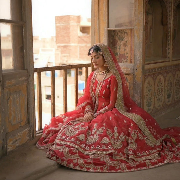 Pakistani Red Bridal Lehenga with Frock and Dupatta Dress