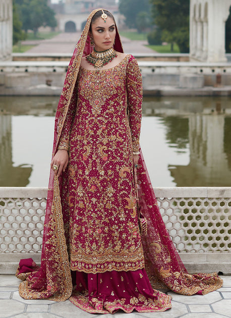 Red Golden Lehenga Kameez for Pakistani Bridal Wear – Nameera by Farooq