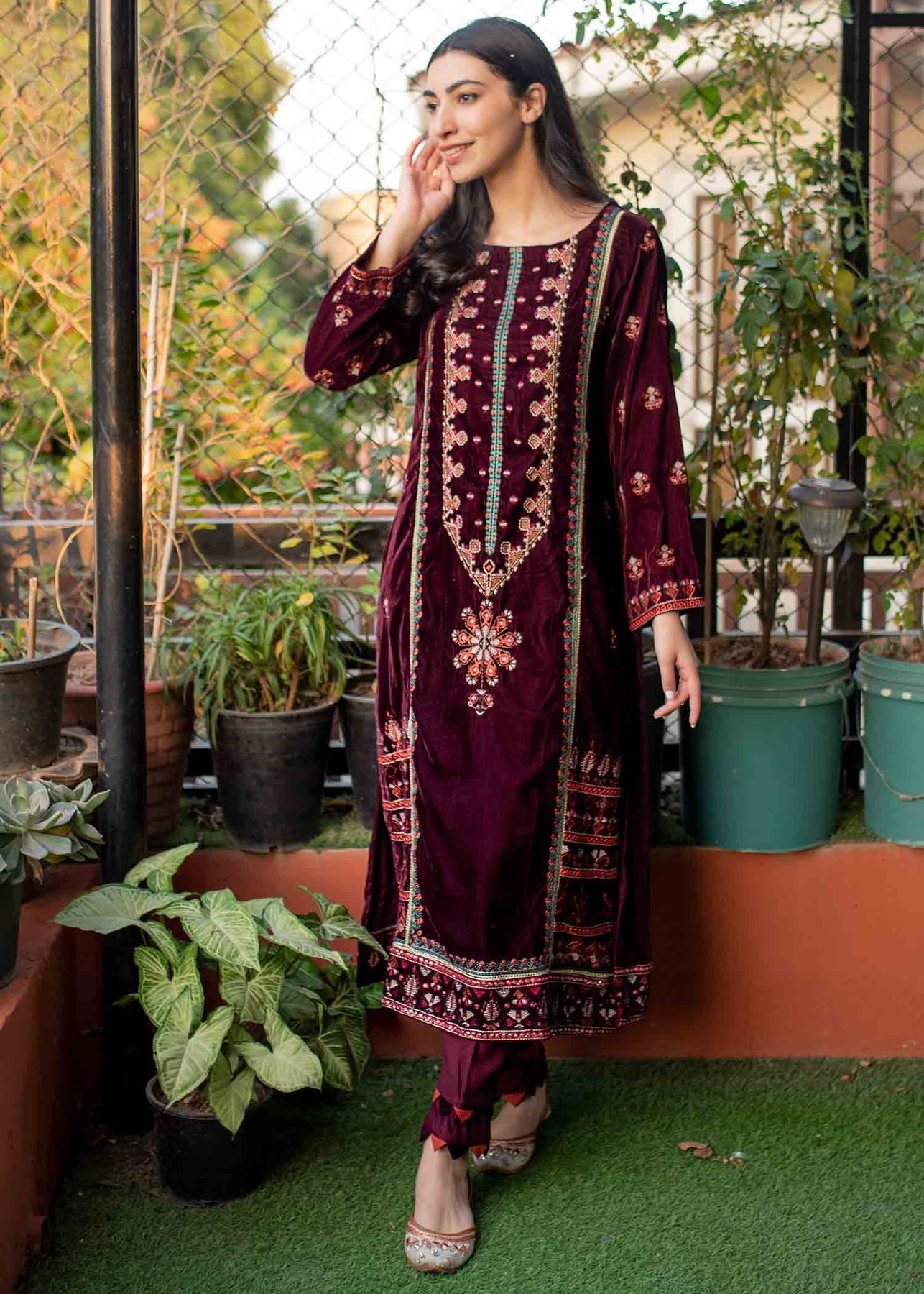 Pakistani Velvet Dress with Fine Embroidery Online 2021 Nameera by Farooq