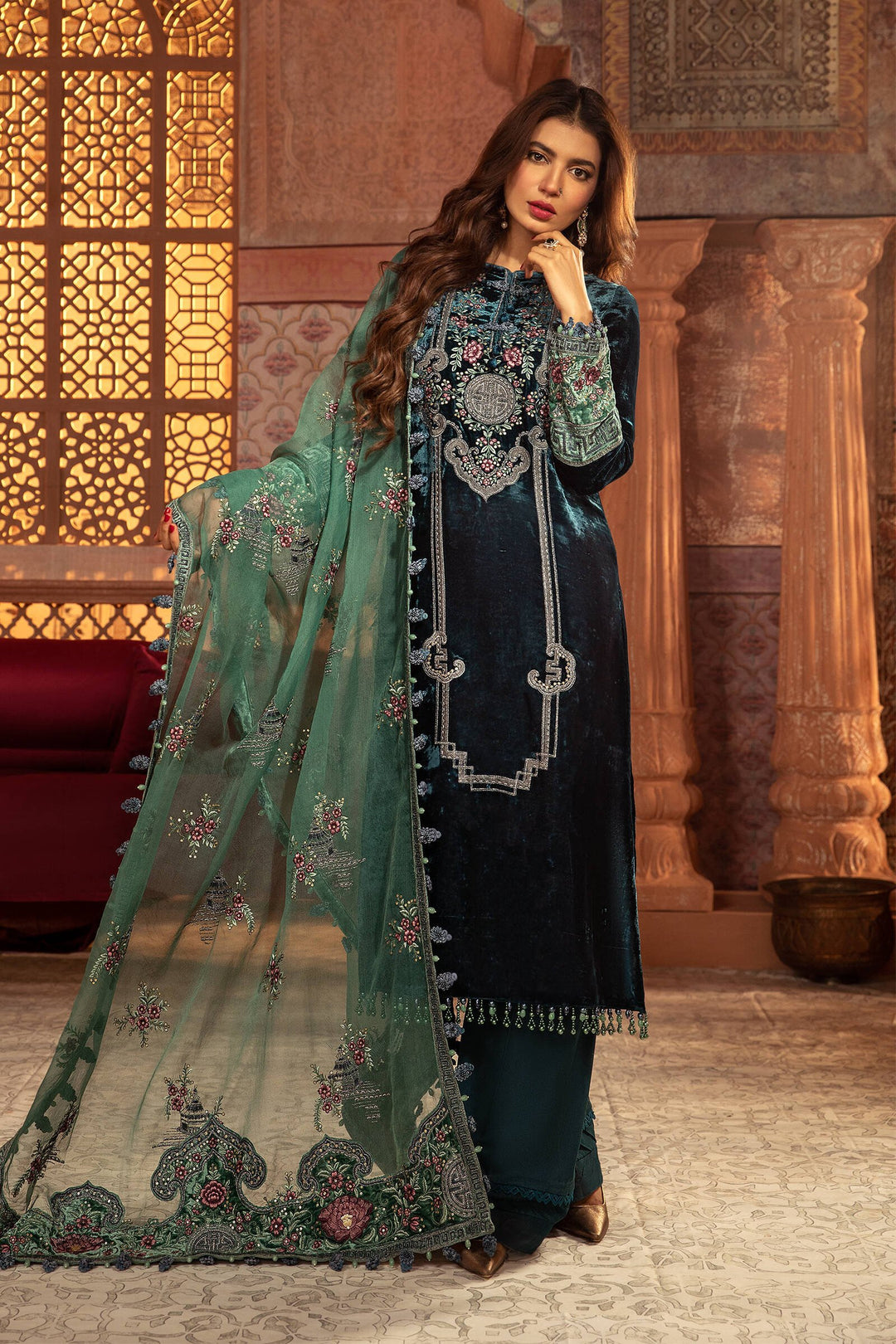 Ethnic Pakistani selling salwar kameez velvet dark seegreen colored embroidered dress with organza fancy duppatta made on custom order