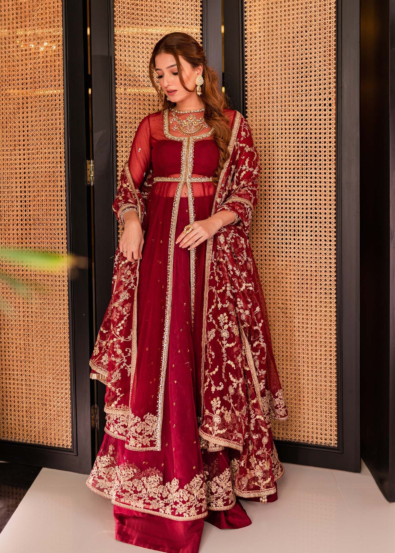 Pakistani Wedding Dress In Double Layered Pishwas Style Nameera By Farooq 4586