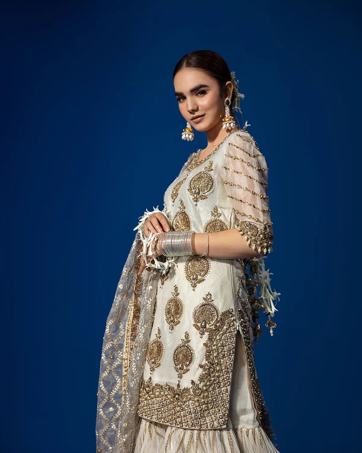 Pakistani Wedding Dress In White Kameez Gharara Style Nameera By Farooq 0251