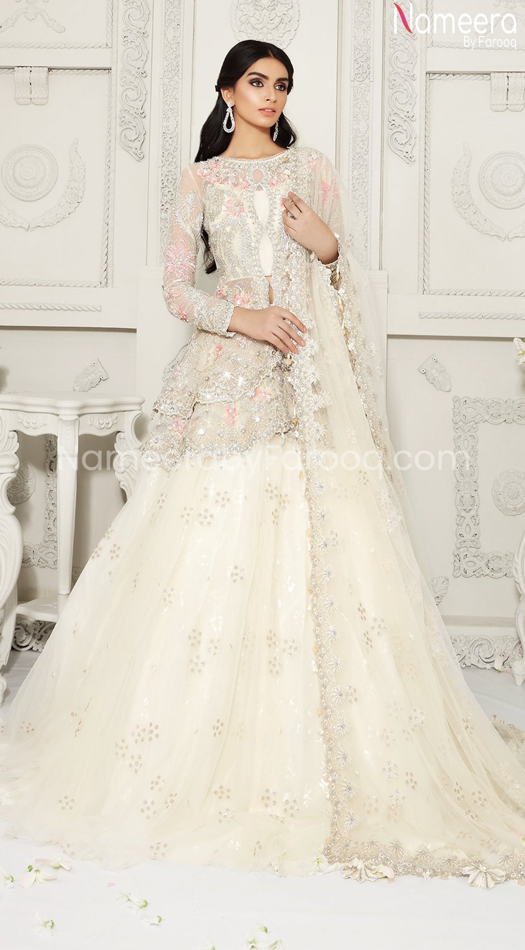 Latest Pakistani White Lehenga Bridal with Embroidery Online Nameera by Farooq