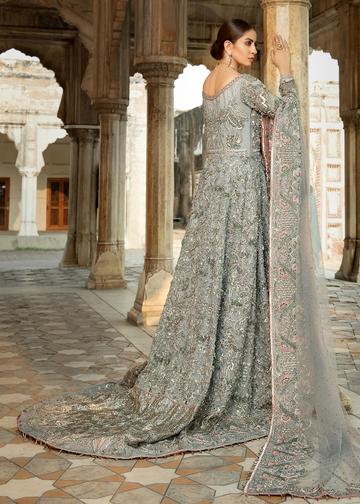 Pakistani Bridal Net Lehnga in Grey Color for Wedding Backside View