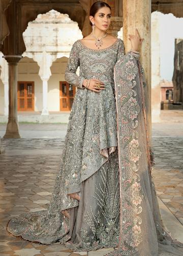 Pakistani Bridal Net Lehnga in Grey Color for Wedding Lehnga View