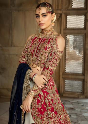 Pakistani Bridal Red Lehnga Choli for Wedding Close Up