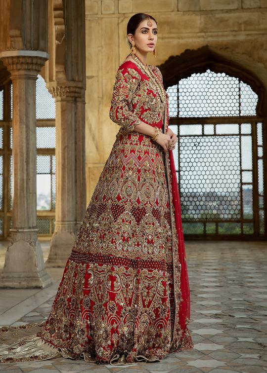 Pakistani Bridal Red Lehnga Dress for Wedding Side Pose