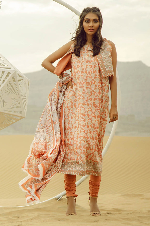 Latest Summer printed Pakistani casual lawn outfit in orange color # P2504