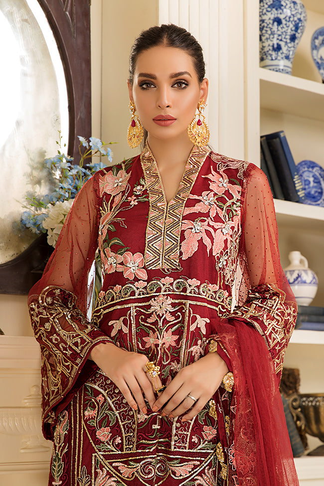 Pakistani net embroidered outfit in lavish red color – Nameera by Farooq