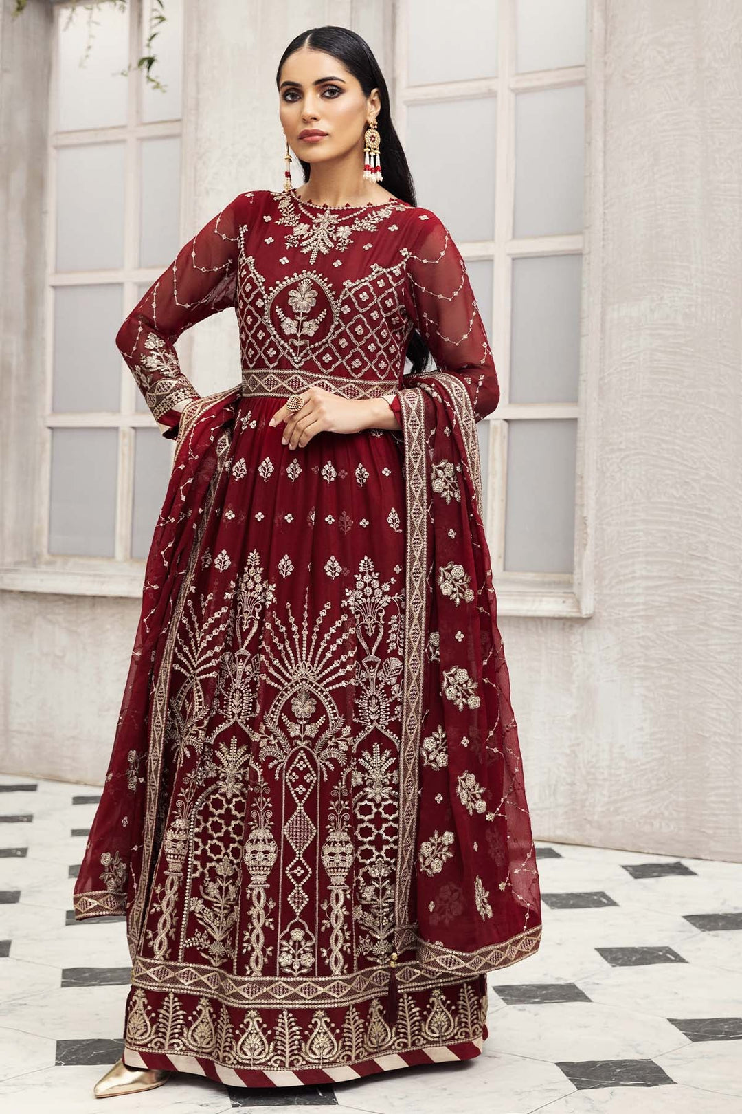 Party Wear Pakistani Maxi Dress in Maroon Shade PF485