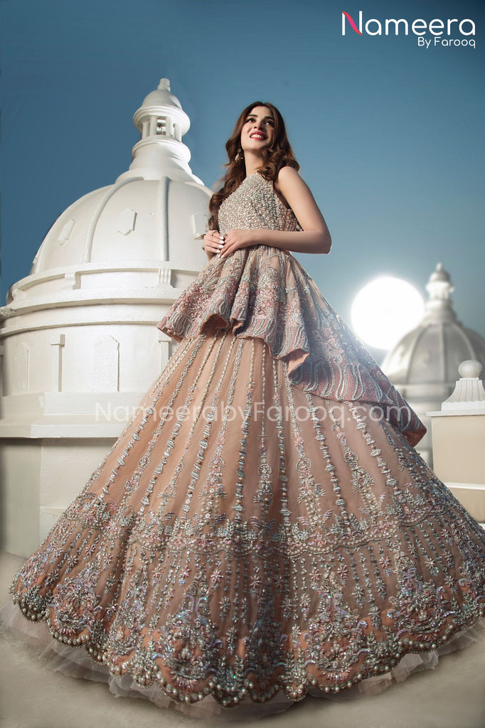 Peplum Lehenga Peach Colour Dress Pakistani #BS217  Peach color dress,  Beautiful pakistani dresses, Pakistani fancy dresses