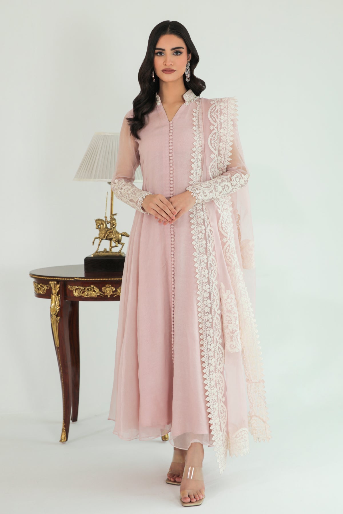 Buy Pink Pakistani Long Frock with Embroidered Dupatta – Nameera by Farooq