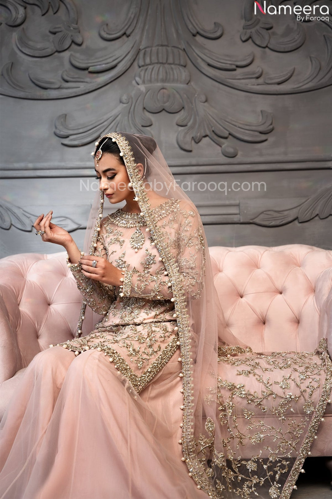 Designer Bridal Pink Sharara Suits With Kameez in Net Raw Silk Nameera by Farooq