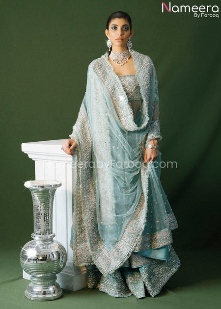 Ice Blue Pakistani Bridal Pishwas with Sharara Dress Online – Nameera ...