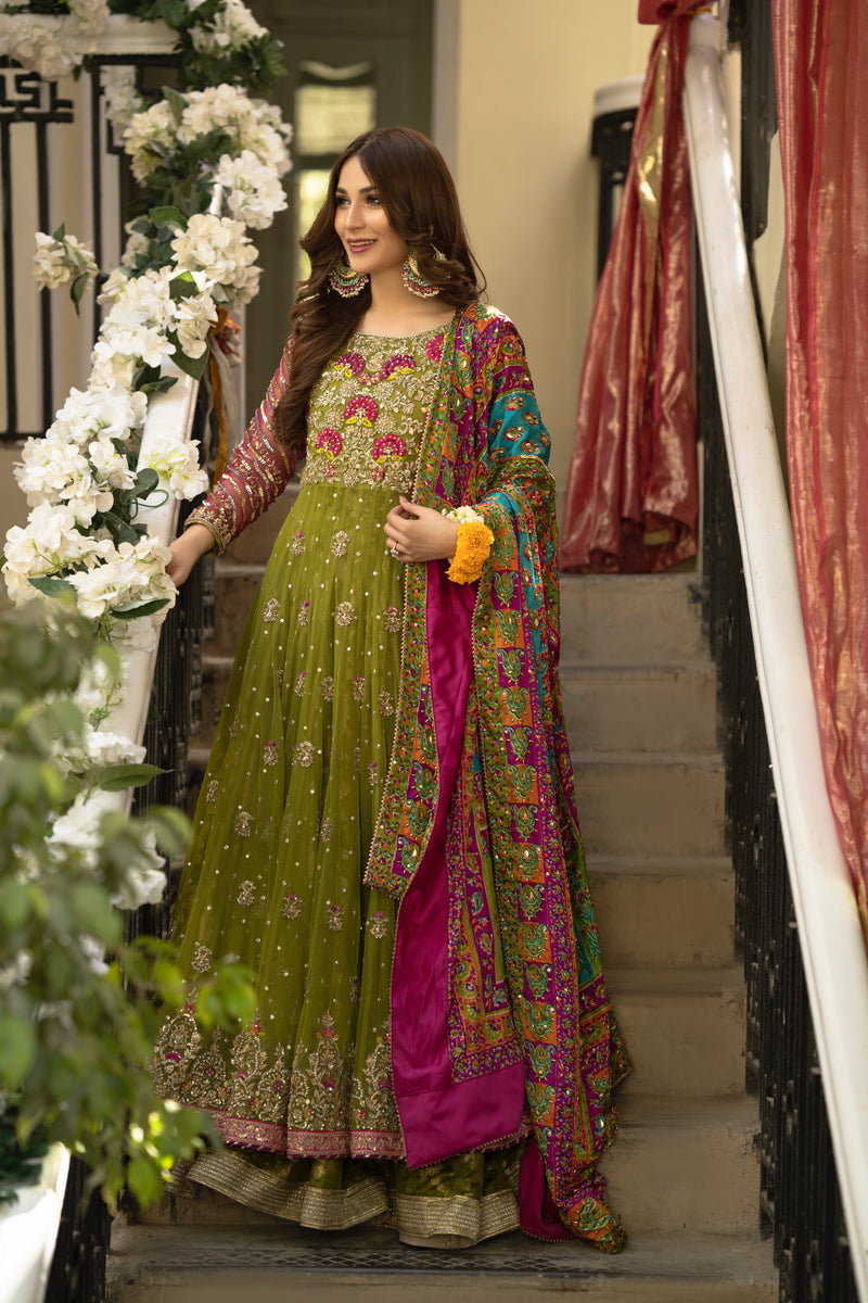 Pishwas Frock Lehenga Green Pakistani Bridal Dress Online Nameera By Farooq 