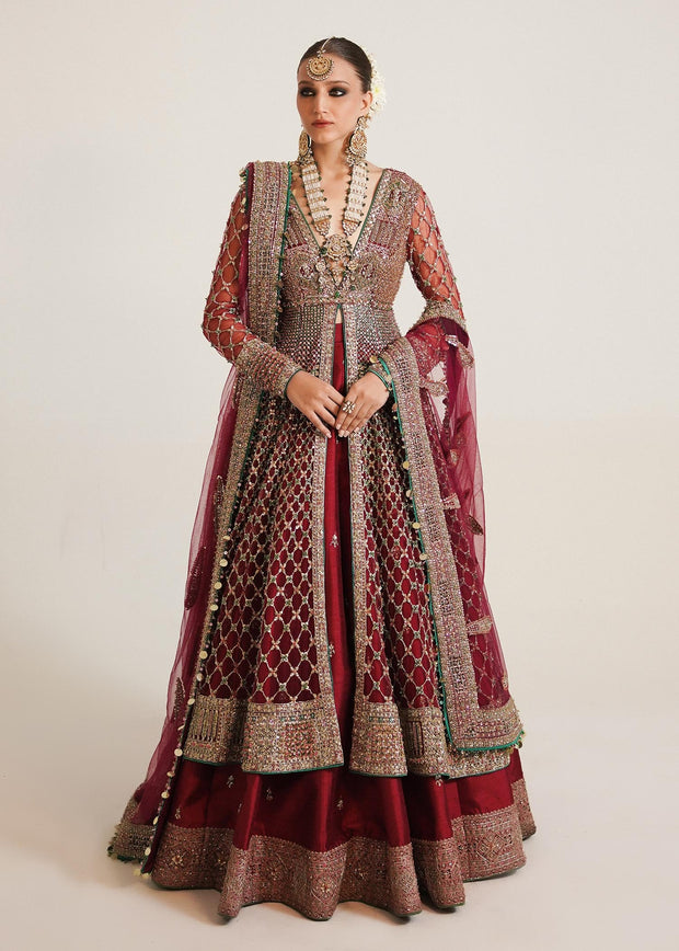 Premium Pakistani Bridal Dress in Embellished Pishwas Jacket and Silk Red Lehenga Style