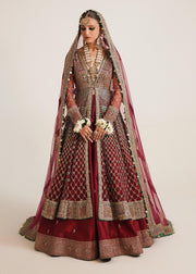 Premium Pakistani Bridal Dress in Embellished Pishwas Net Jacket and Silk Red Lehenga Style Online