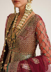 Premium Pakistani Bridal Dress in Pishwas Net Jacket and Silk Red Lehenga Style