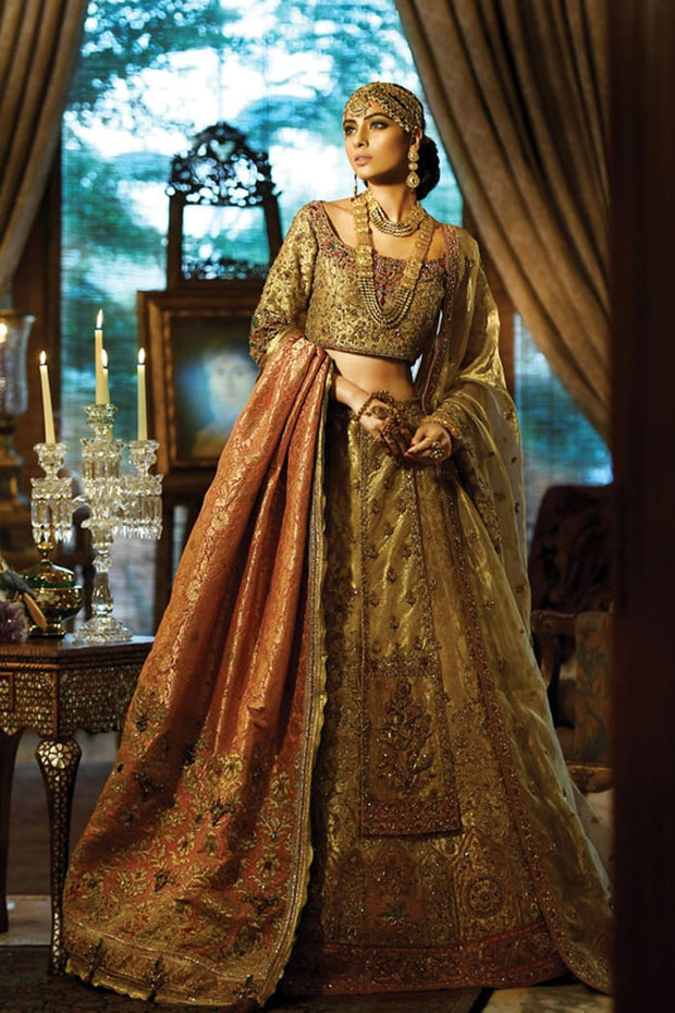Raw Silk Bridal Lehnga Choli in Light Gold Color