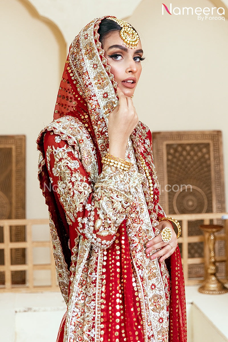 Farshi Gharara Kameez Red Bridal Dress Pakistani Online – Nameera by Farooq