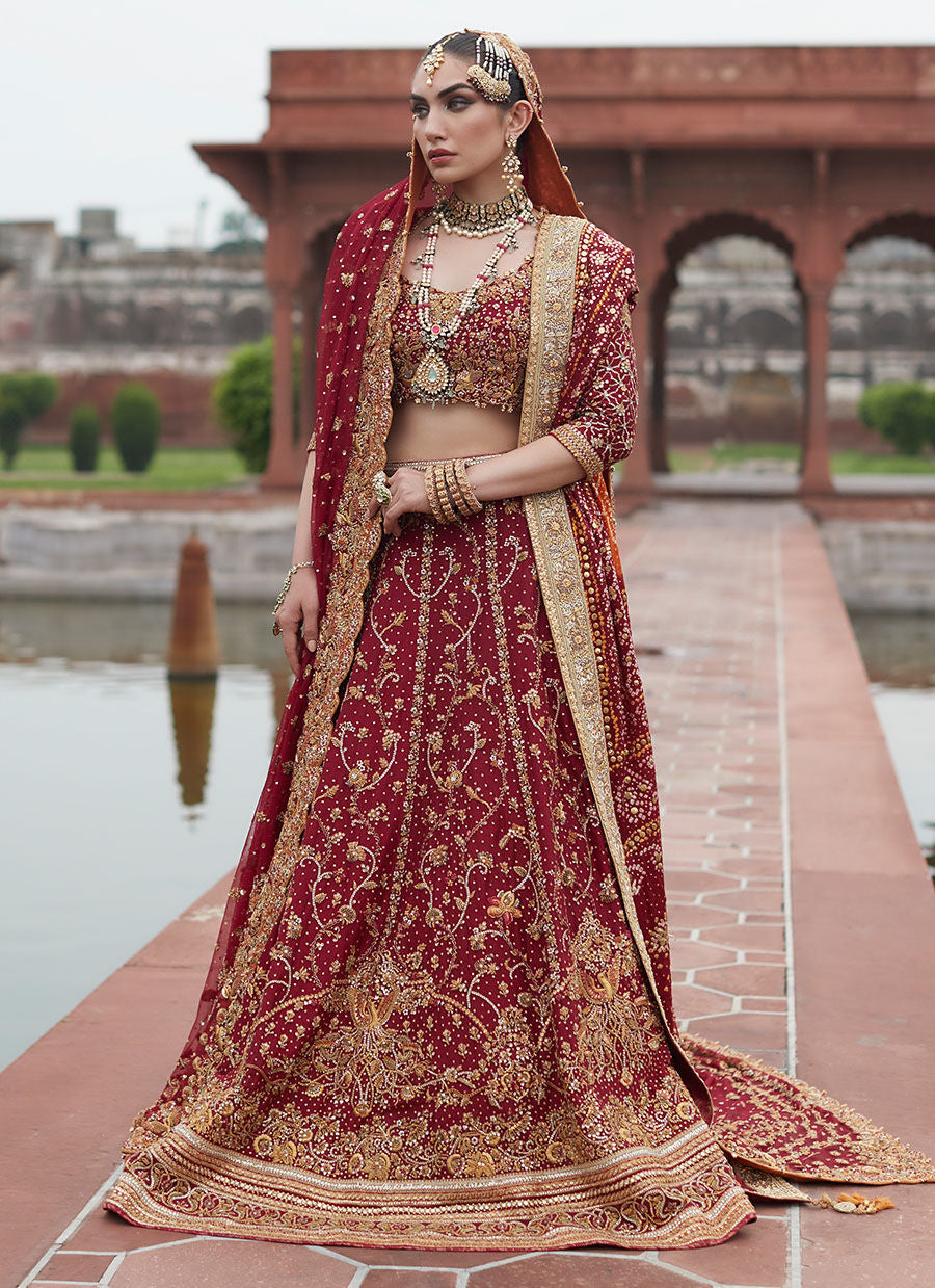 Red Golden Lehenga Choli for Pakistani Bridal Wear – Nameera by Farooq