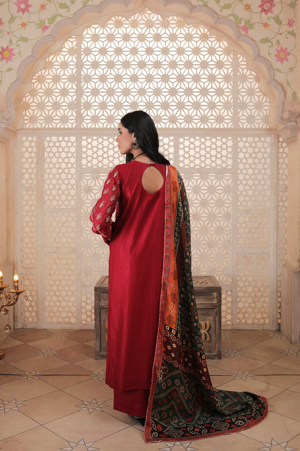 Red Kameez Salwar with Floral Embroidery Online