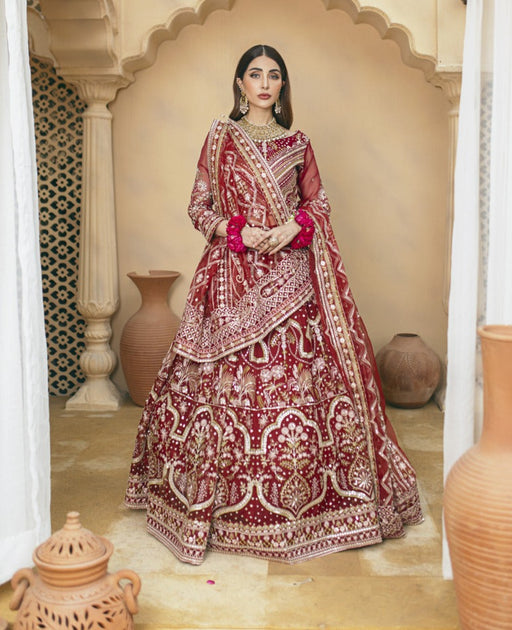 Red Lehenga Choli and Dupatta Pakistani Wedding Dress – Nameera by Farooq