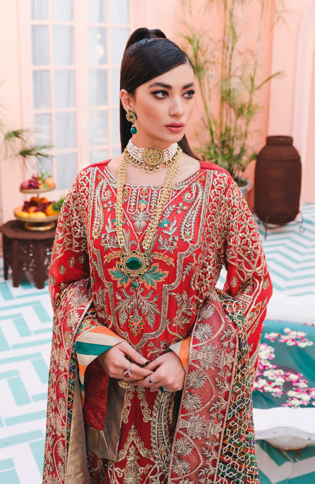 Red Pakistani Dress with Magnificent Embroidery 2022
