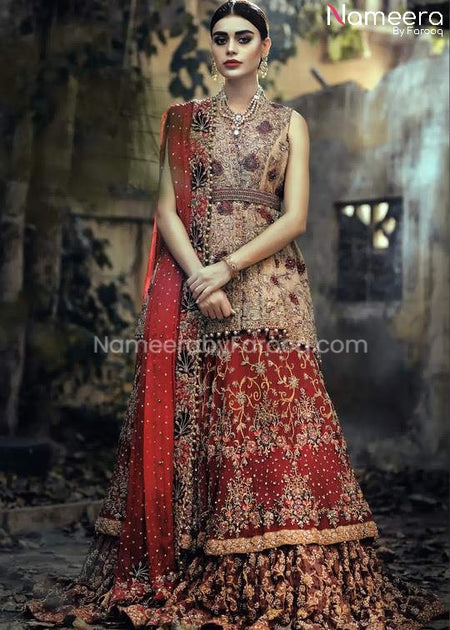 Embroidered Bridal Lehenga in Red Pakistani Wedding Dress – Nameera by ...