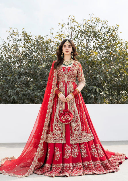 Red Silk Lehenga Shirt for Pakistani Bridal Dresses – Nameera by Farooq